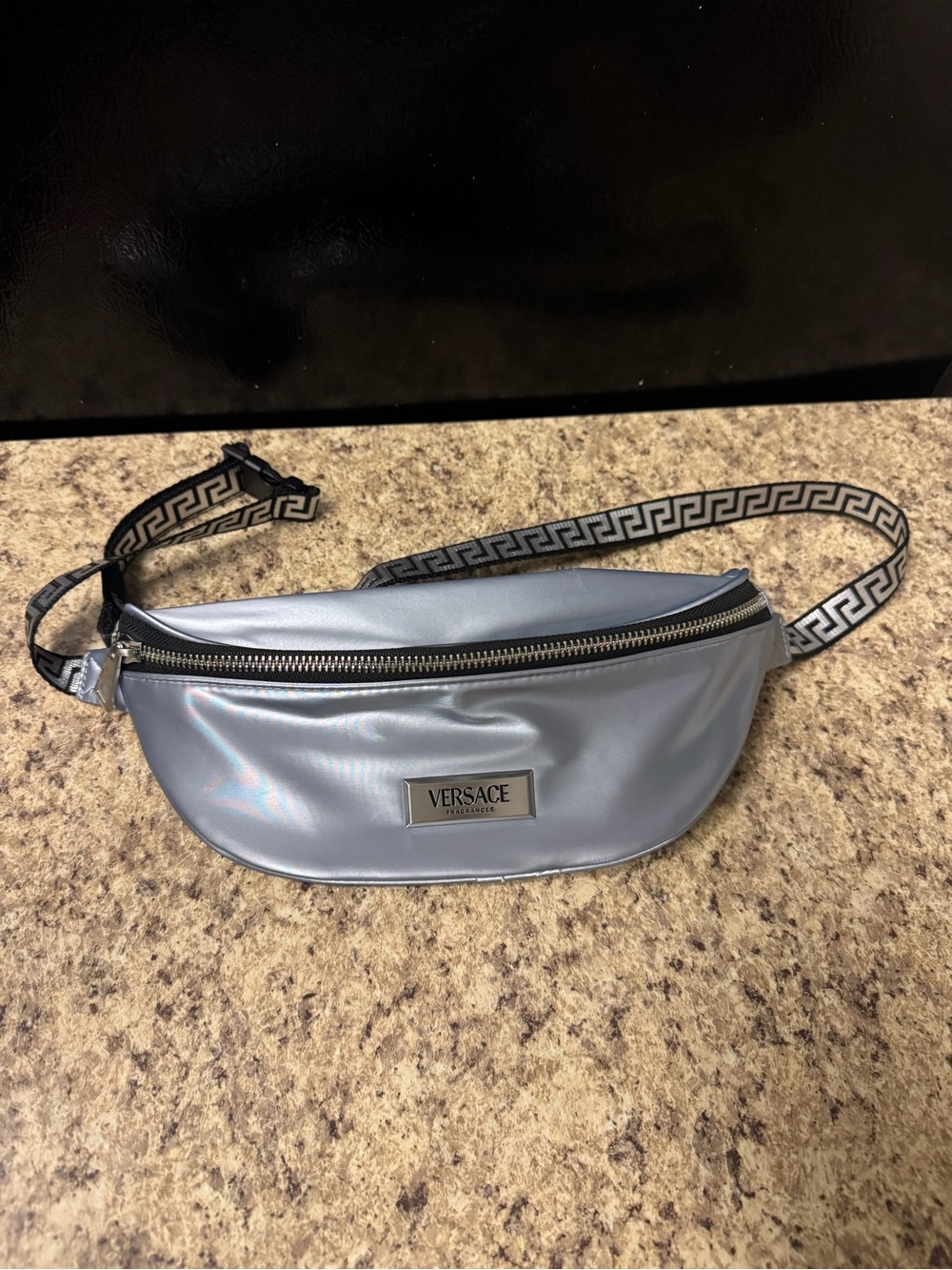 Versace Iridescent Silver Belt Bag with Greek Key Strap
